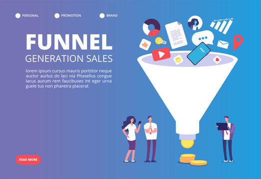 Funnel Sale Generation. Digital Marketing Funnel Lead Generations With Buyers. Strategy, Conversion Rate Optimization Vector Concept. Funnel Marketing, Generation And Optimization Sale Illustration