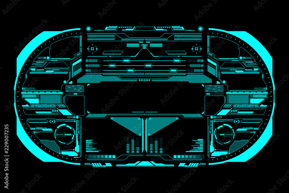 Poster HUD Futuristic Technology Interface Elements Panel Vector. Abstract Virtual Cyber Object Pack For Game App UI Illustration.