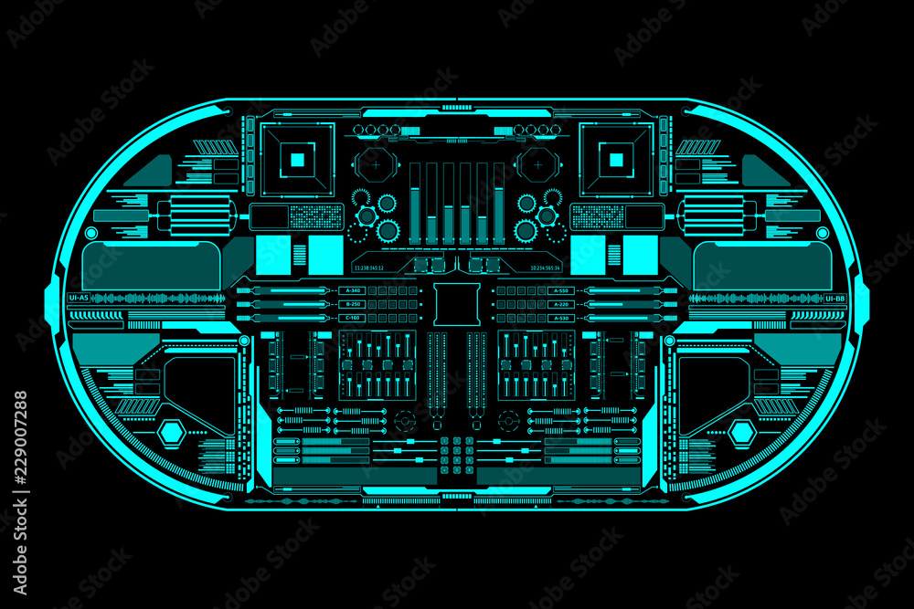 Poster HUD Futuristic Technology Interface Elements Panel Vector. Abstract Virtual Cyber Object Pack For Game App UI Illustration.