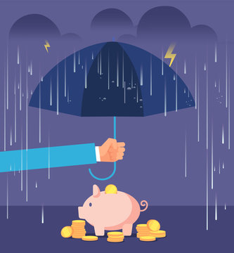 Deposit protection concept. Hand with umbrella protecting piggy bank from rain and storm. Deposit insurance vector business background. Protection finance money, bank business protect illustration © MicroOne