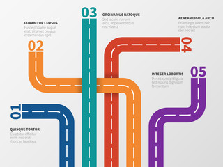 Road infographic. Option diagram, process chart with city street tracks. Business step vector infographics. Illustration of direction graphic road, chart line track illustration - obrazy, fototapety, plakaty
