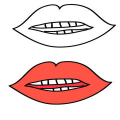 Doodle cartoon lips and teeth, mouth on a white background