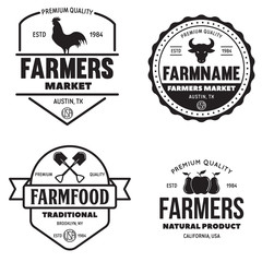 Farmers market logos templates vector objects set. Logotypes or badges design. Trendy retro style illustration, farm natural organic products food, rooster, pig and fruits.