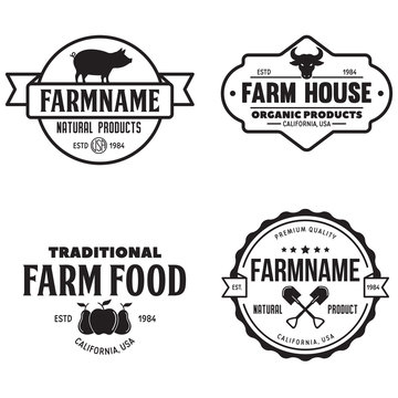 Farmers market logos templates vector objects set. Logotypes or badges design. Trendy retro style illustration, farm natural organic products food, rooster, pig and fruits.