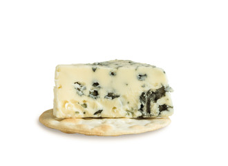 Roquefort cheese on cracker isolated on white background