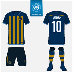 Naklejka premium Soccer jersey or football kit, shorts, sock, pants template design for sport club. Football t-shirt mock up. Front and back view soccer uniform. Flat football logo design on blue label. Vector 
