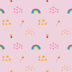 Fototapeta na wymiar Watercolor hand painted decorative textured spots, hearts, stars,rainbow. Bright modern style abstract collection. Seamless pattern isolated on pink background for children's,