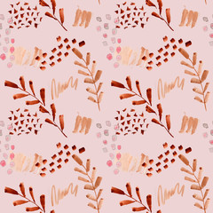Light pink watercolor paint abstract flowers, stains backgrounds. Watercolor splashes on pink background. Hand drawn texture, paint smears. Seamless pattern for design, textile, print, wrapping.