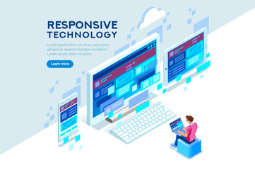 Responsive internet creation, conceptual screen interface for mobile. Building a device display content. Layout for smartphone. Concept with characters and text flat isometric vector illustration.