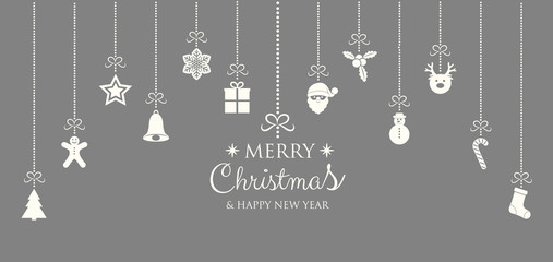 Merry Christmas and Happy New Year - card with decorations and wishes. Vector.