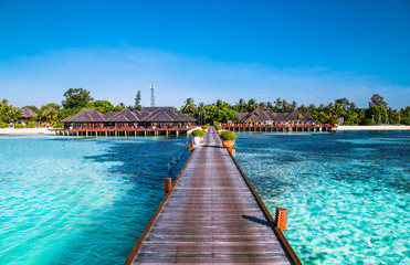 Tropical travel destinations with Maldives island and wooden wharf