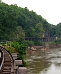 River Kwai train crossing the Wampoo Viaduct on the Death Railway above the River Kwai valley near Nam Tok, Kanchanaburi