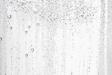 white isolated background water drops on the glass / wet window glass with splashes and drops of water and lime, texture autumn background