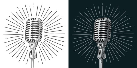 Microphone with ray. Vintage vector black engraving illustration - 229012019