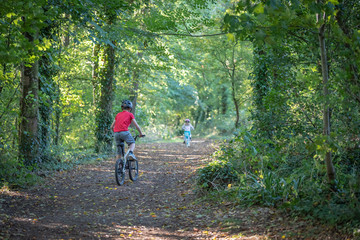 Young boy cycling through the woodland