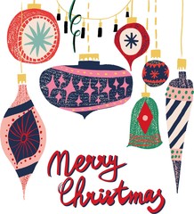 Retro vintage art beautiful artistic Scandinavian graphic lovely winter holiday new year collage pattern Christmas tree toys vector hand illustration. Perfect for cards, textile, wallpaper, background