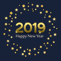 Vector illustration of a Happy New Year 2019 background. Merry Christmas card with golden stars. Gold decoration on blue background