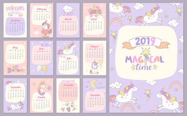 Fototapeta na wymiar 2019 Magical time Calendar with unicorns. Different characters for every month. Holiday event planner. Week Starts Sunday. Vector illustration.