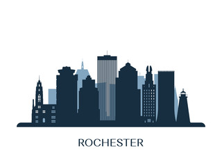 Rochester skyline, monochrome silhouette. Vector illustration. - obrazy, fototapety, plakaty
