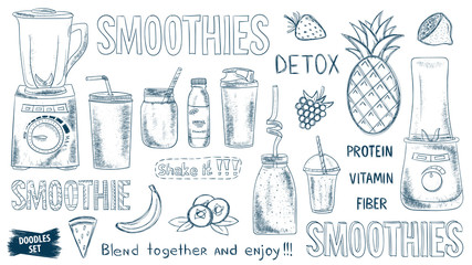 Smoothie doodles set. Healthy lifestyle. Organic. Glasses and mugs. Blender. Fruits or vegetables smoothie. Vitamins and protein drink. Diet. Detox. Shake. Sketches collection.