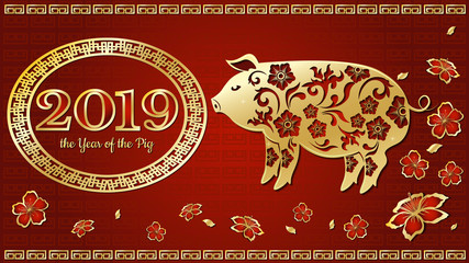 Happy chinese new year 2019 Zodiac sign with gold paper cut art and craft style on color Background.