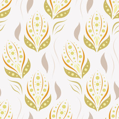 Seamless vector ornamental pattern with abstract floral elements in gold-beige colors on white background