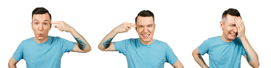 Set of portraits of young guy with finger at a temple isolated on a white background.