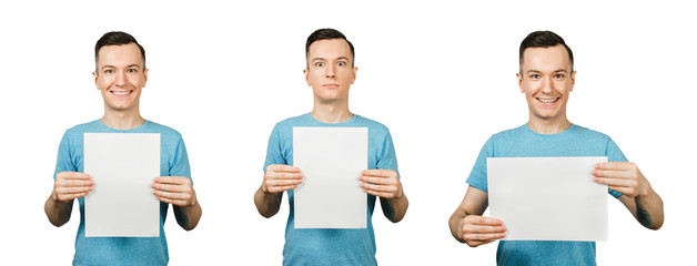 Set of portraits of young guy holding blank a4 with copy space isolated on a white background.