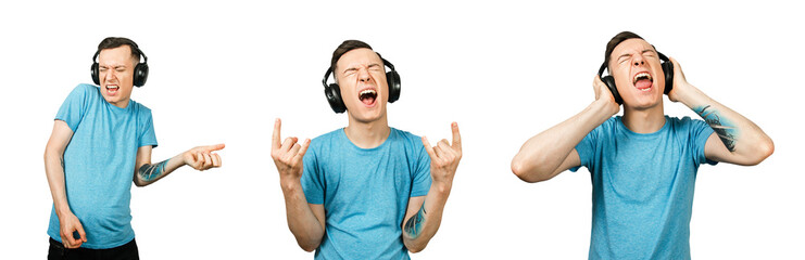 Set of portraits of young guy listening music in a headphones isolated on a white background.