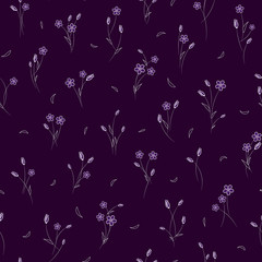 Fototapeta na wymiar Seamless vector floral pattern with tiny chamomile and tulip flowers in monochrome purple colors on dark background