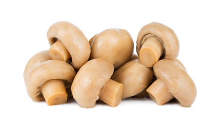 Group of tasty Pickled marinated mushrooms isolated on white background