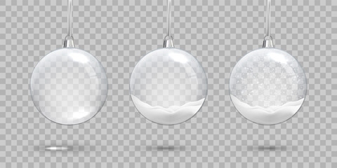 Christmas ball set. Empty glass transparent ball and balls with snow on transparent background. Vector Christmas and New Year design elements.
