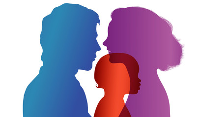 Adoption. Pair of parents adopt a child. Vector color profile silhouette