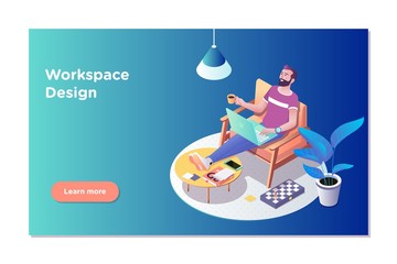 Freelancer concept, coworking people. Freelancer man at his laptop easely in working office. Flat isometric vector illustration