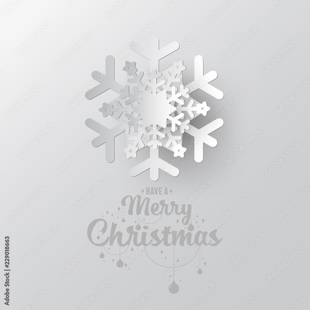 Poster white paper vector snowflake on white ornate background with merry christmas phase text