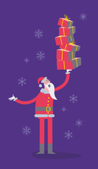 Flat cartoon vector illustration of a jolly character: Santa Claus holding a lot of gifts on one hand.