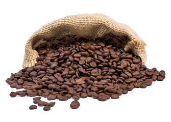 Roasted coffee beans falling out of a burlap sack. Sackcloth bag with coffee beans, isolated on white background.