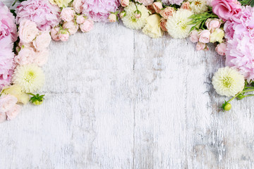 Floral ornament with peonies, roses, dahlias and other summer flowers