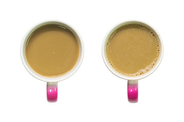 A top view of coffee cup on isolated background with clipping path. Pink latte mug for montage or your design.