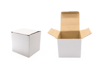 White carton box on isolated background with clipping path. Blank paper package for design or montage.