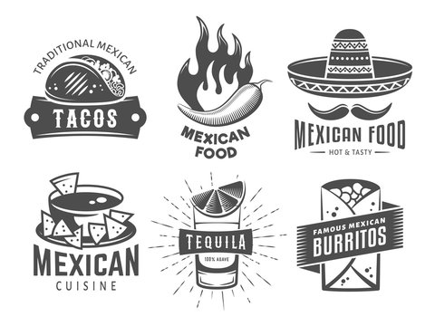 Mexican cuisine logos. Vector badges with traditional mexican food. Emblems for tacos, burritos, nachos, tequila. Set of vintage labels for cafe or fast food restaurant
