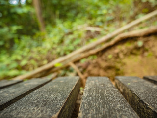 Close up wooden chair the rest point in Khao Luang mountain in Ramkhamhaeng National Park,Sukhothai province Thailand