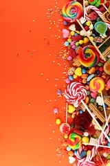 Wall murals Sweets candies with jelly and sugar. colorful array of different childs sweets and treats.