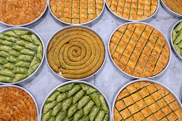 Delicious Turkish sweet, baklava with green pistachio nuts