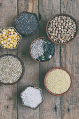 Cereals, grains, beans and seeds. Gluten-free concept. Healthy food. Top view. Copy space.