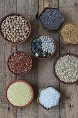Cereals, grains, beans and seeds. Gluten-free concept. Healthy food. Top view. Copy space.