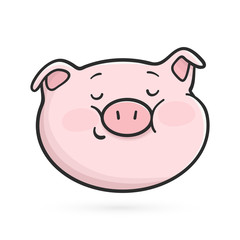 Smiling emoticon icon with lowered eyes. Cute emoji pig