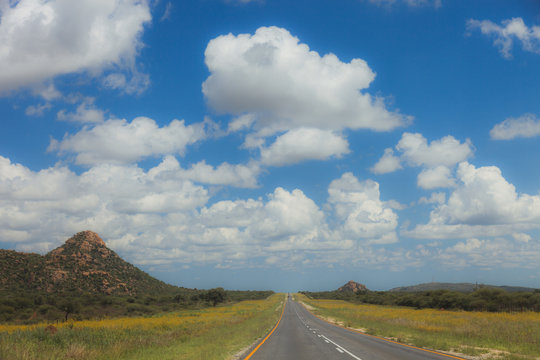 South African road through the savannas and deserts with markings and traffic signs. .