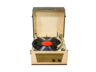 Vintage turntable with red record album isolated on white.