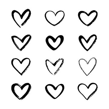 Set, collection of various brush, chalk, marker drawn line heart shapes, silhouettes, outlines. Valentines day many templates. Uneven, rough, textured edge. Hand drawn, handwritten design elements.